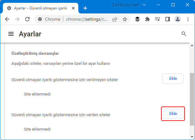 Google chrome ye güvenli olmayan içerik ekle