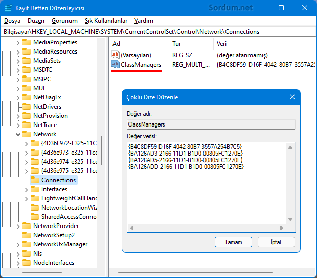 Registryde classmanagers anahtarı