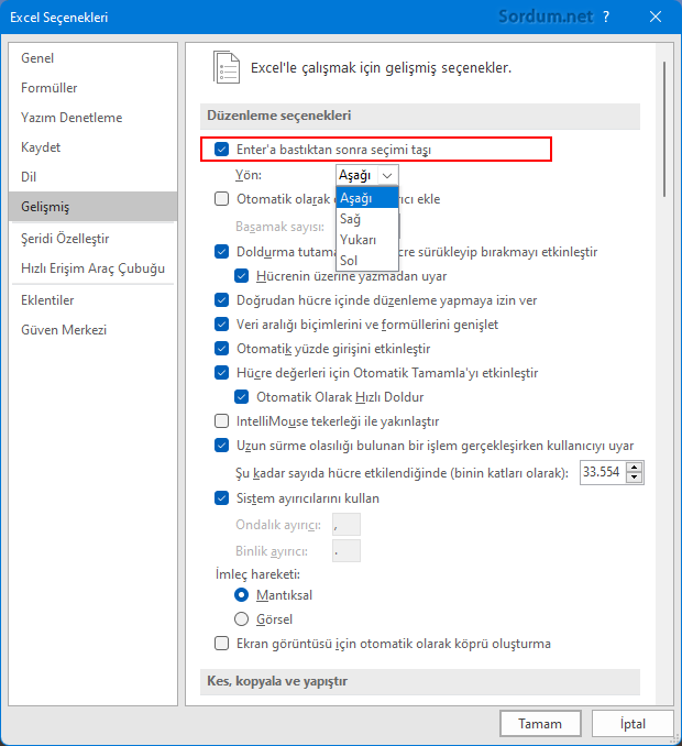 Excel düzenleme seçenekleri