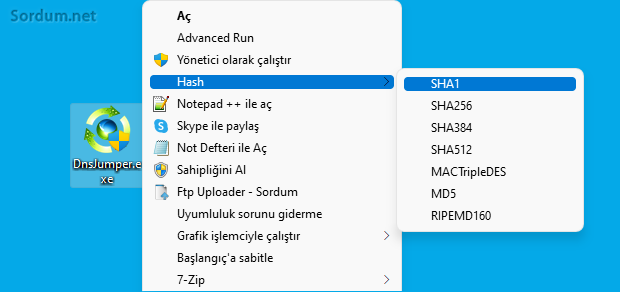 Sağ tuş ile hash değeri bul