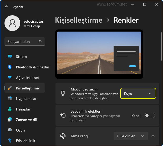 Windows 11 de koyu temaya nasıl geçilir