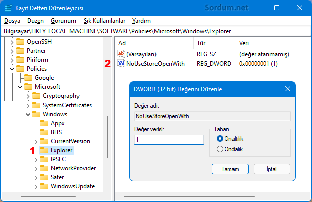NouseStoreOpenwith Registry anahtarı