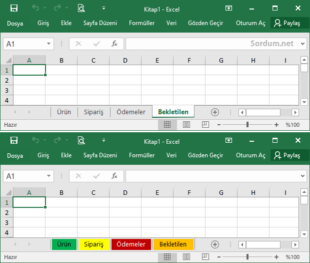 Excelde renkli sayfa sekmesi