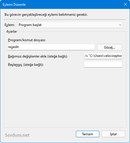 Program komut dosyası regedit