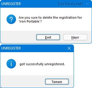 Unregister uyarısı