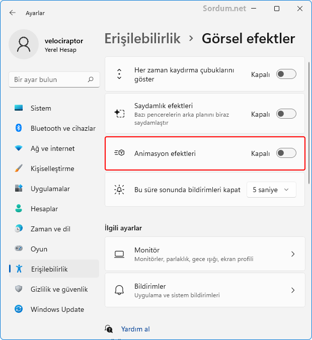 Animasyon Efektleri kapalı