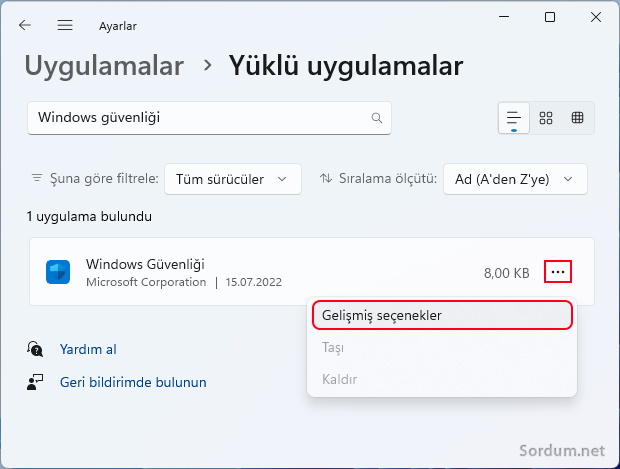 Gıvenlik gelişmiş seçenekleri