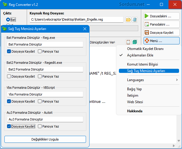 Reg converter sağ tuş menü ayarları