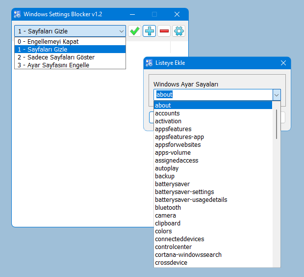 Windows settings Blocker arayüzü