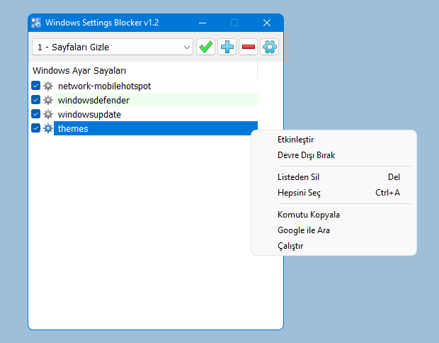 Windows settings blocker sağtuş menüsü