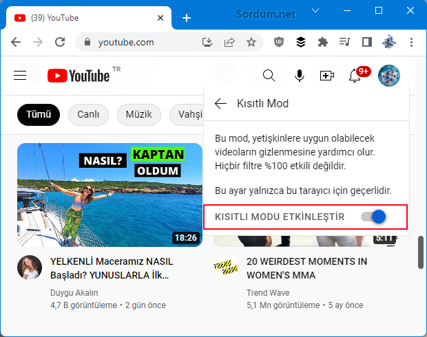 Youtube de Kısıtlı Mod butonu açık