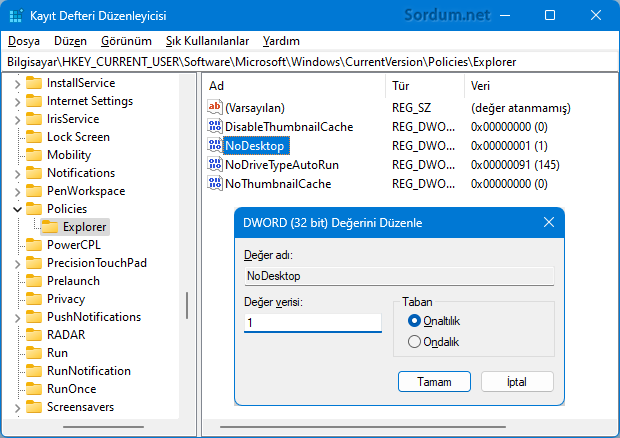 noDesktop registry değeri