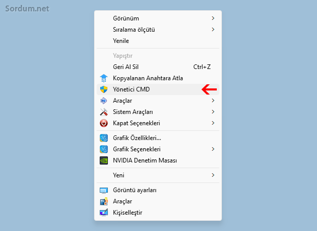 Sağ tuşta yönetici komut istemi