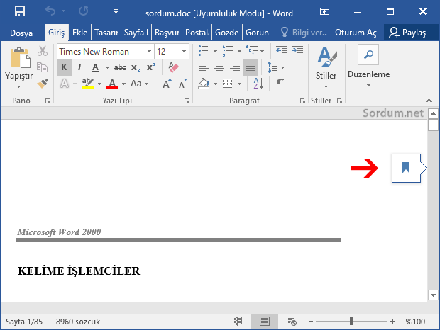 Microsoft Word kaldığınız yere gidin