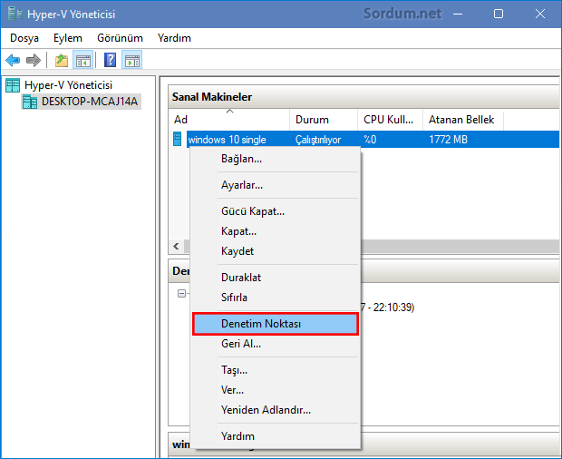 Hyper-v Denetim Noktası oluşturma