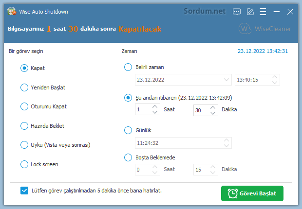 Wise Auto shutdown arayüzü