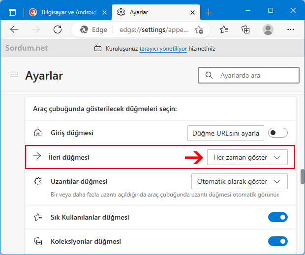 EDGE tarayıcısı ileri butonunu herzaman göstersin