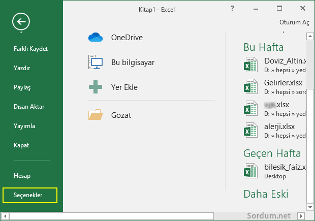 Excel seçenekler