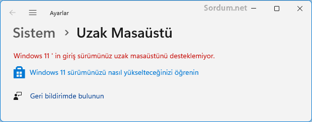 Windows uzak masaüstü desteklenmiyor