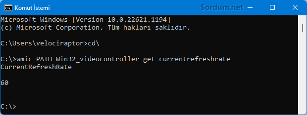 Cmd komutu ile yenileme hızını bulun
