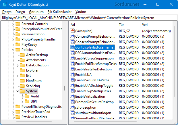 dontdisplaylastusername reg anahtarı