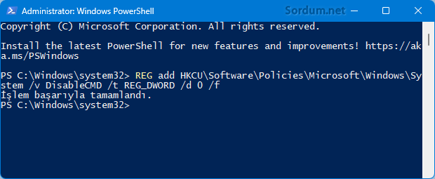 Powershell ile cmd yasağını kaldır