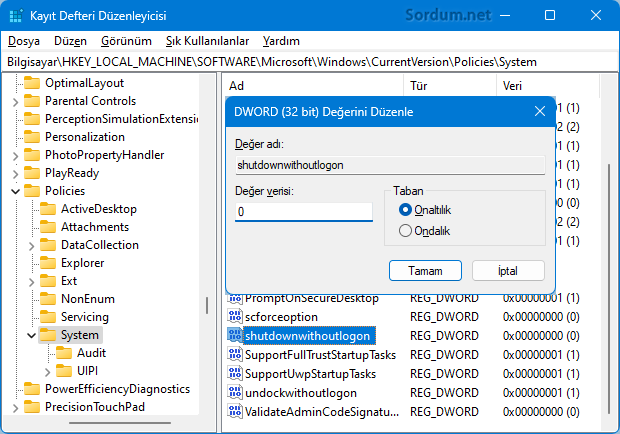 shutdownwithoutlogon Registry anahtarı