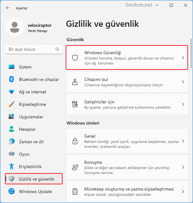 Ayarlar kısmında Windows güvenliği