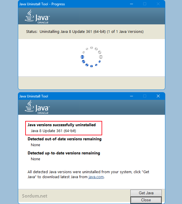 Java başarılı şekilde kaldırıldı
