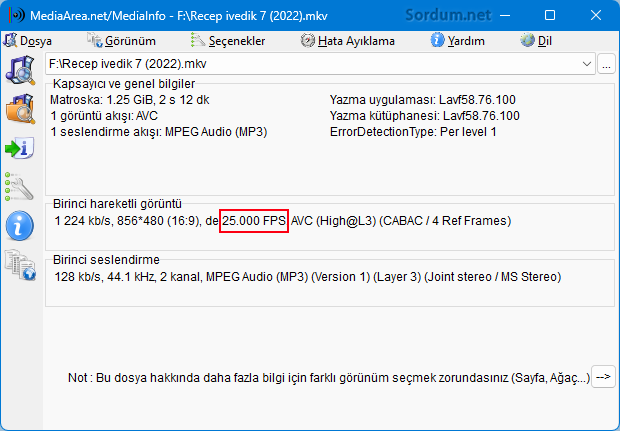 mediainfo yazılımı ile Fps öğren