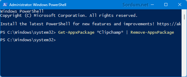 Powershell komutu ile ClipChamp ı kaldır