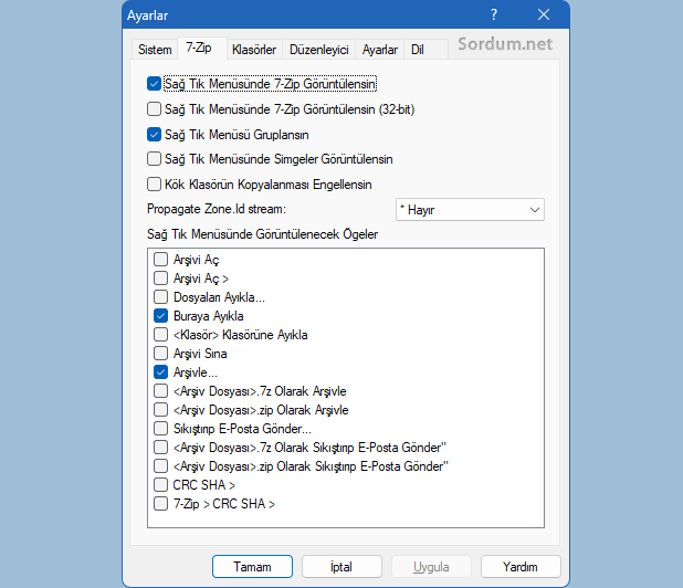 7-Zip sağtuş ayarları