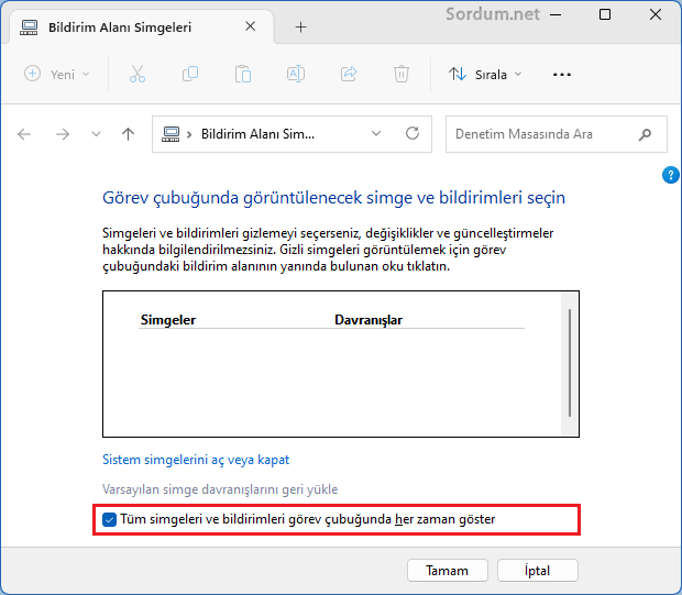 Tüm simgeleri görev çubuğunda göster ayarı