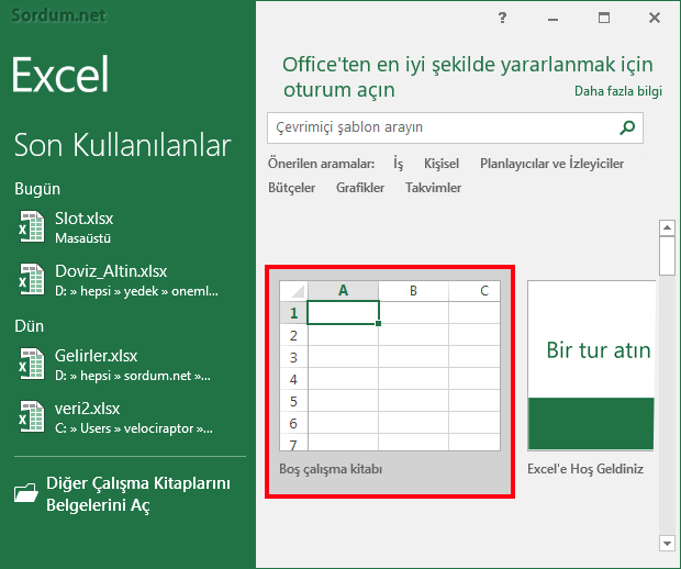 Excel boş çalışma kitabı