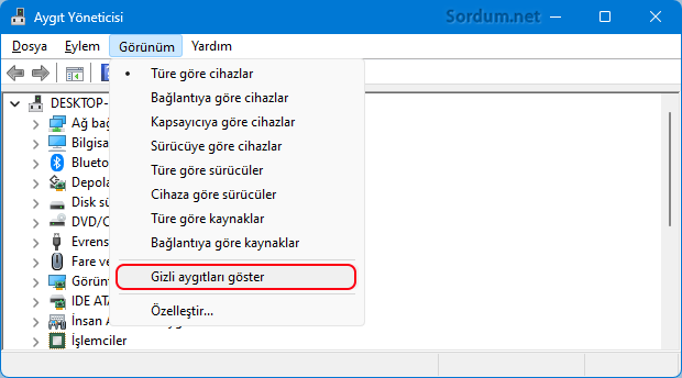 Aygıt yöneticisinde Gizli aygıtları göster