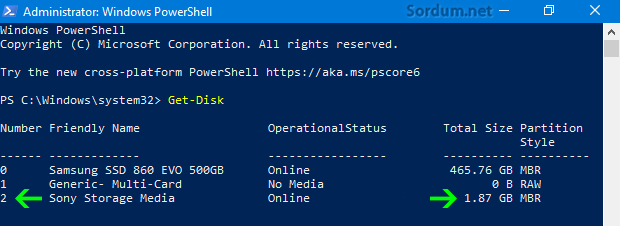 powershell disk bilgisi