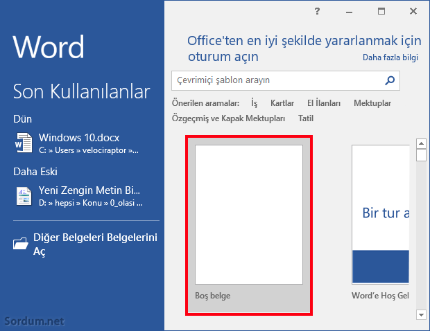 Microsoft word şablon seçimi