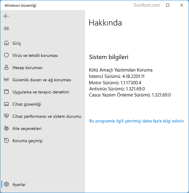 Microsoft Defender Sürüm bilgisi