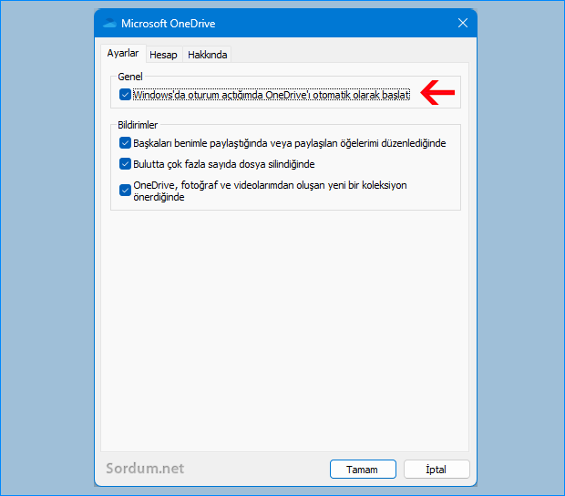 Onedrive Açılışta başlasın