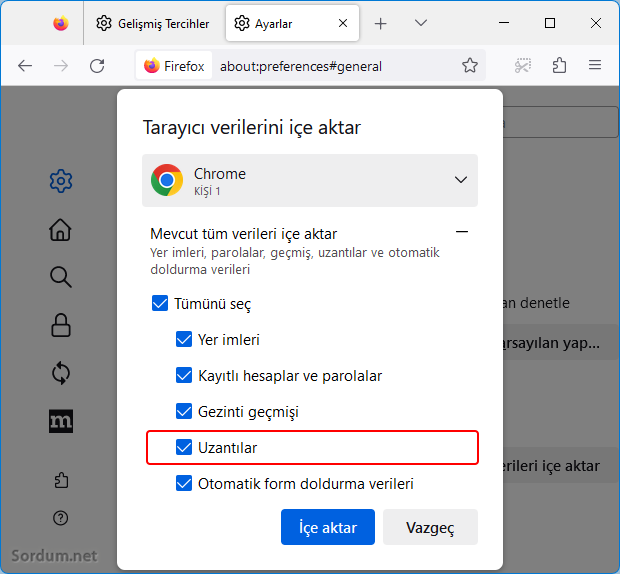 Google chromedeki uzantıları Firefox a aktarın