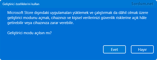 Geliştirici özelliklerini kullan uyarısı