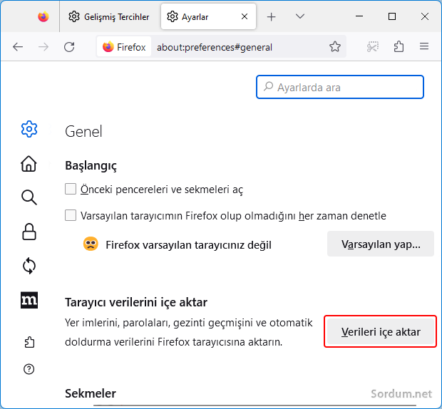 Firefox ta diğer tarayıcı verilerini içe aktar ayarı