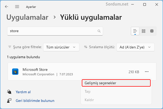 Uygulama gelişmiş seçenekleri