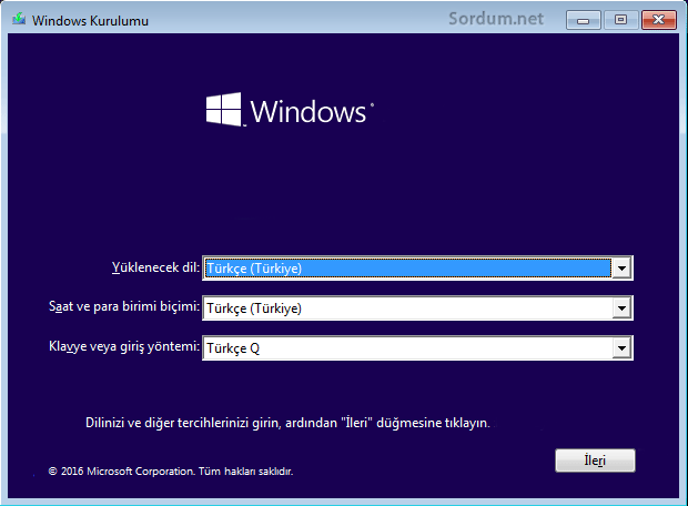 Windows kurulum ekranı