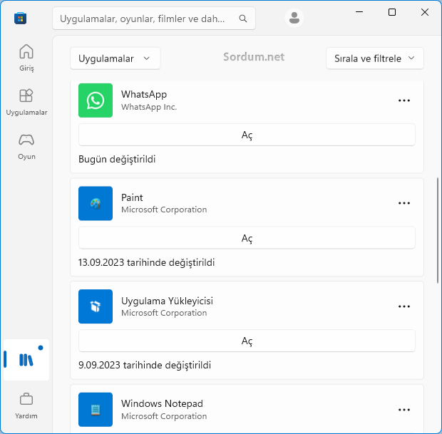 Microsoft Store de uygulama değişiklik tarihi