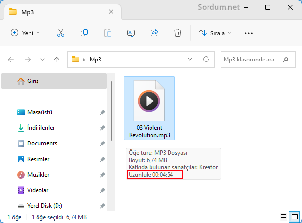 Müzik dosyası Uzunluk (süre) bilgisi