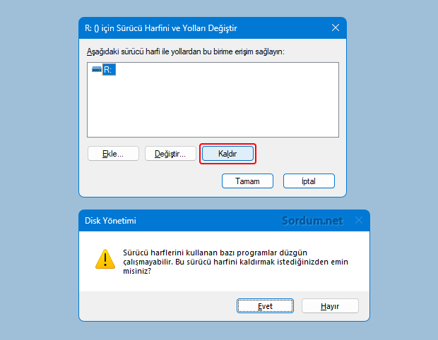 Disk yönetimi ile sürücü harfini kaldır