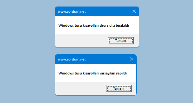 Bir tıkla windows kısayollarını devre dışı bırak