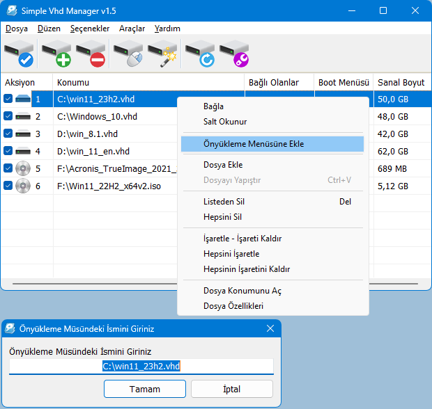 VHD manager ile boot menüsüne iso veya vhd ekle