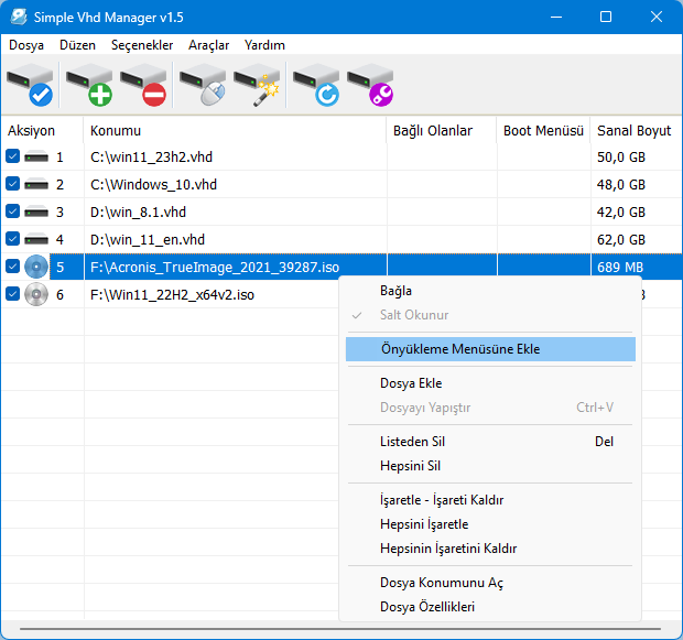 vhd manager sağtuş menüsü